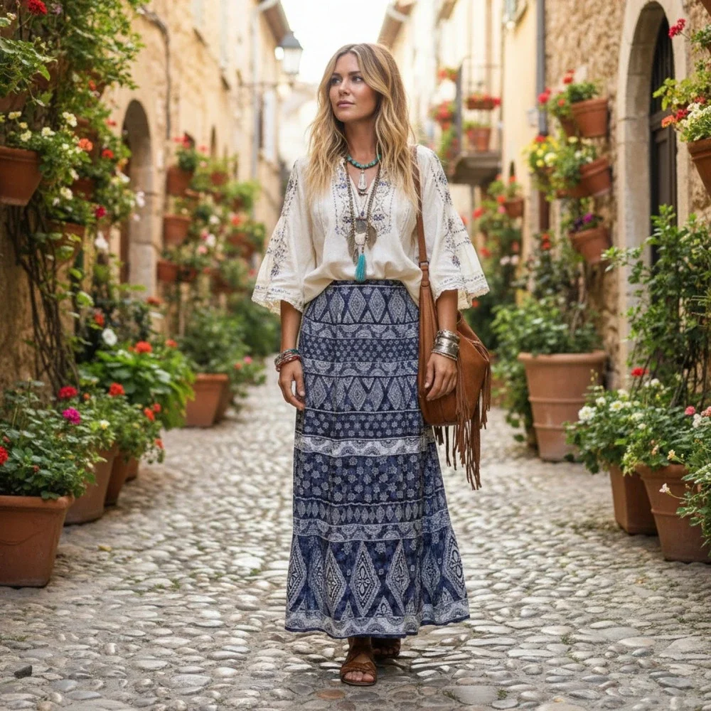 Maggie Lawrence Boho Wrap Long  Skirt Womens M Blue Patchwork Button Closure